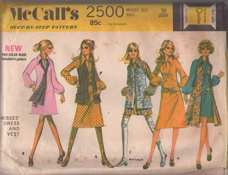 McCall's 2500 Vintage 70's Sewing Pattern Mod Dress, Vest, Brady Bunch Vibes, Fit & Flared Balloon Sleeve Dress, Vest Jacket Size 10 CUT