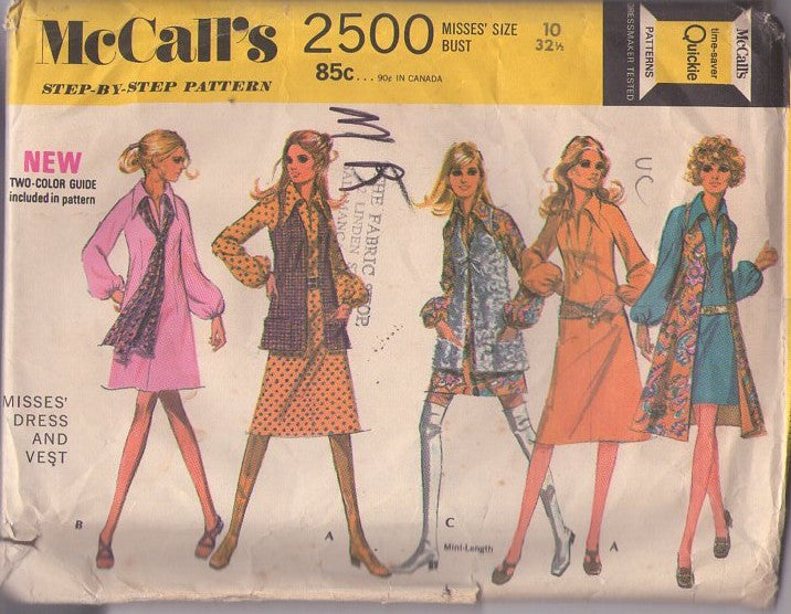 McCall's 2500 Vintage 70's Sewing Pattern Mod Dress, Vest, Brady Bunch Vibes, Fit & Flared Balloon Sleeve Dress, Vest Jacket Size 10 UNCUT