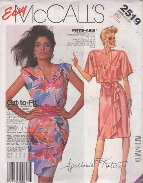 McCall's 2519 Vintage 80's Sewing Pattern Dress & Belt, Apollonia Kotero, Faux Wrap Around Collared Cascading Drape Summer Dress Size 8-12