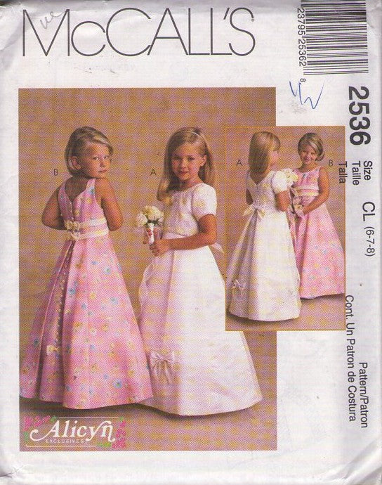 McCall's 2536 Retro 90's Sewing Pattern Girls' Formal Gowns, Alicyn Exclusives, Flower Girl Fancy Long Dress Set, Back Pleat & Buttons Size 6-8
