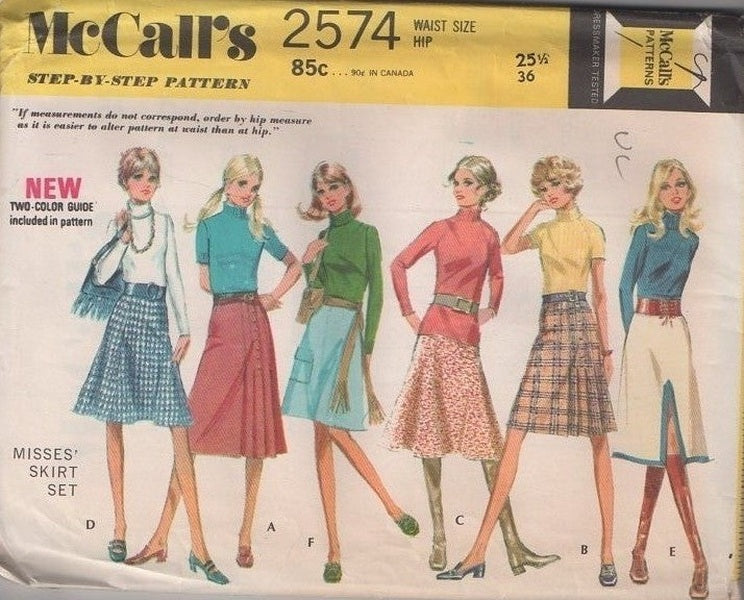 McCall's 2574 Vintage 70's Sewing Pattern Easy Skirt Set, Mod Retro Secretary Skirt Set, Kilt Pleats, Slit, Flared 6 Styles! Waist 25.5