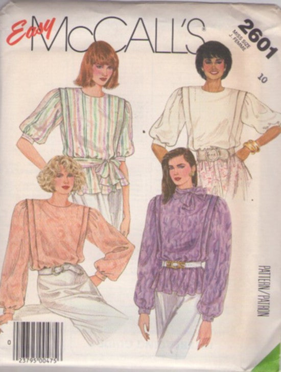 McCall's 2601 Vintage 80's Sewing Pattern Easy Blouses, Secretary Career Blouse Set, Flange Trim, 2 Styles Size 10