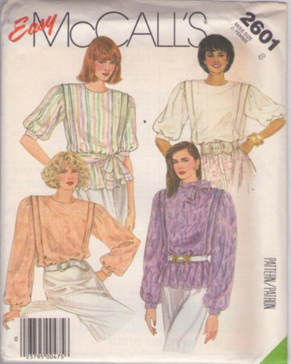 McCall's 2601 Vintage 80's Sewing Pattern Easy Blouses, Secretary Career Blouse Set, Flange Trim, 2 Styles Size 8