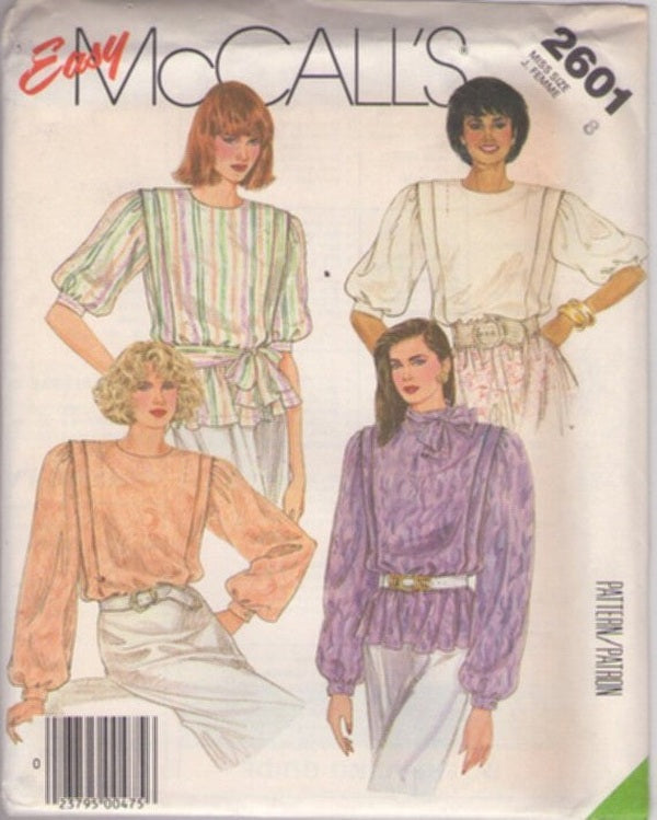 McCall's 2601 Vintage 80's Sewing Pattern Easy Blouses, Secretary Career Blouse Set, Flange Trim, 2 Styles Size 8
