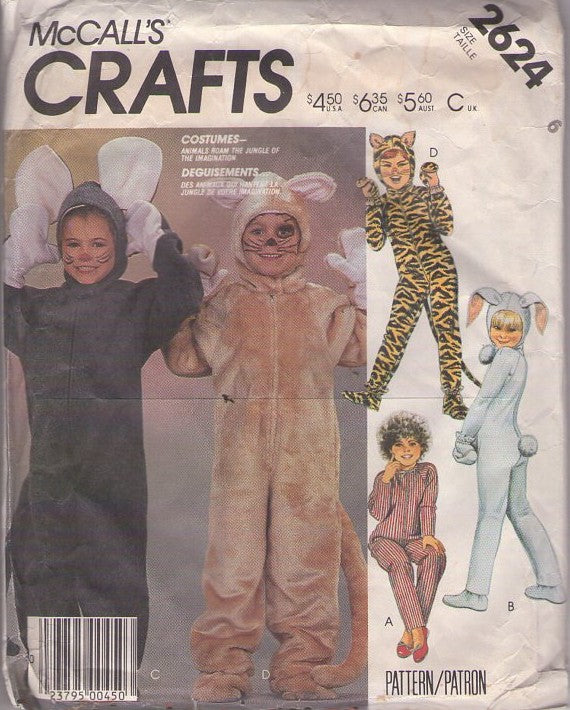 McCall's 2624 Vintage 80's Sewing Pattern Animal Costumes, Faux Fur Jumpsuits, Mouse, Lion, Bunny Rabbit, Kitty Cat, Pajamas Size 6