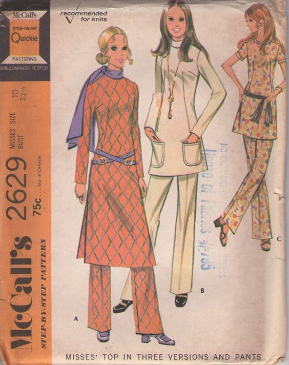 McCall's 2629 Vintage 70's Sewing Pattern Mod Pantsuit Set, Space Age, Twiggy Dart Fitted Tunic Top, Side Slits Hostess Gown & Pants Size 10