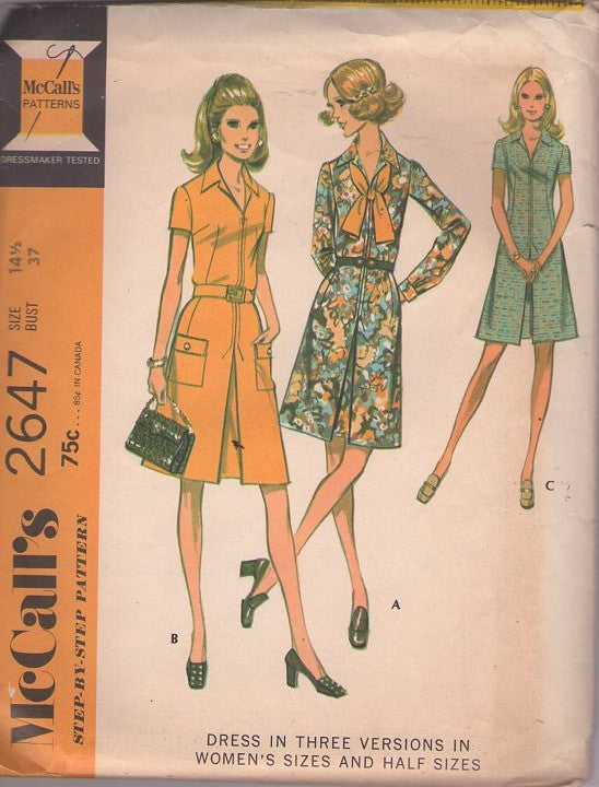 McCall's 2647 Vintage 70's Sewing Pattern Mod Day Dress Set, Half Size Secretary Front Zip, Pleat Dresses, 3 Styles Size 14.5