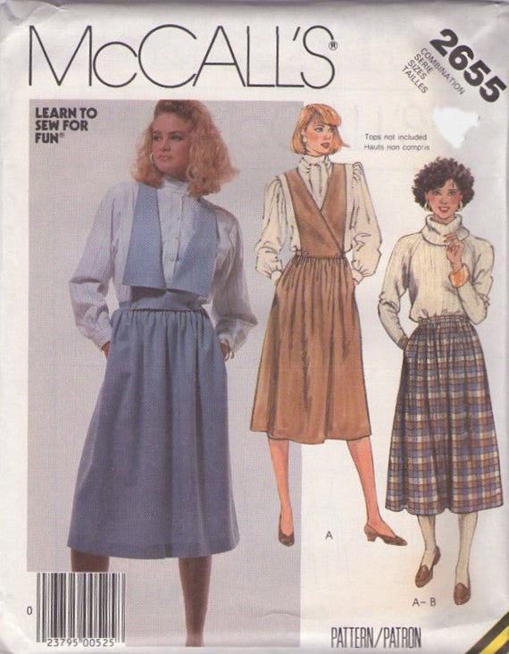McCall's 2655 Vintage 80's Sewing Pattern Secretary Skirt, Detachable Winged Tuxedo Style, Surplice Bib, Pockets & Pleats Size 10-14