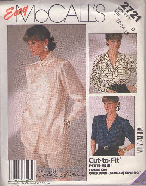 McCall's 2721 Vintage 80's Sewing Pattern Long Tunic Blouse, Secretary Shirt Set Size 12-16 PART CUT