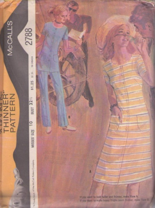 McCall's 2788 Vintage 70's Sewing Pattern Mod Pantsuit, Scoop Neck Button Front Tunic Top Blouse, Shirt, Dress, Pants Size 10