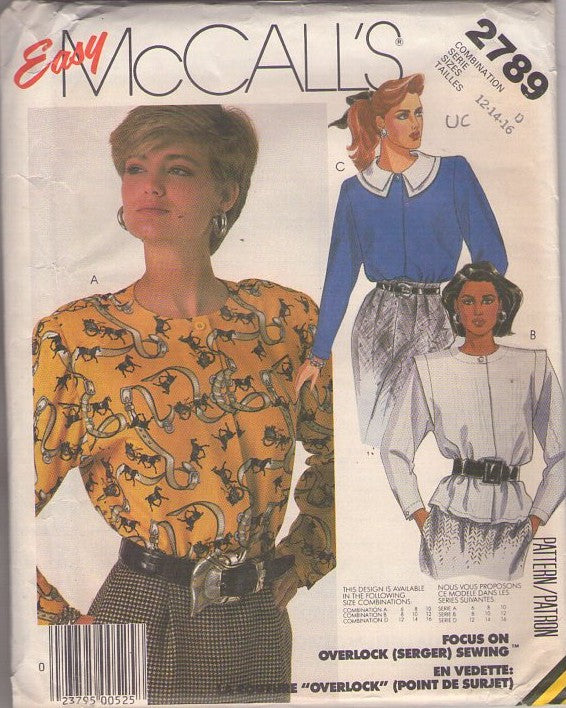 McCall's 2789 Vintage 80's Sewing Pattern Secretary Blouse Set, Collar, Neckline, Flange Sleeve Choices, Hidden Front Buttons Size 12-16