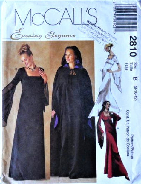 McCall's 2810 Retro 2000 Sewing Pattern Evening Dress, Cape, LARP Costume, Renaissance Evil Queen Dress, Wedding Gown, Angel Sleeves & Cape 8-12