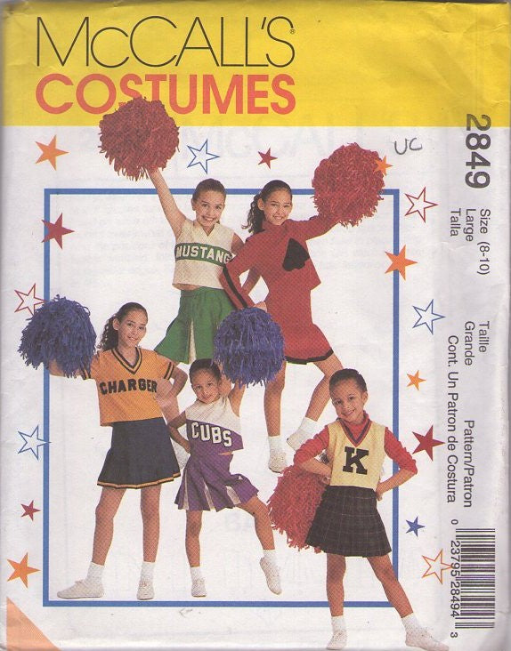 McCall's 2849 Retro 2000 Sewing Pattern Sports Costumes, Girl's Cheerleader Costumes, Team Mascot Top, Skirt Size Large 8-10
