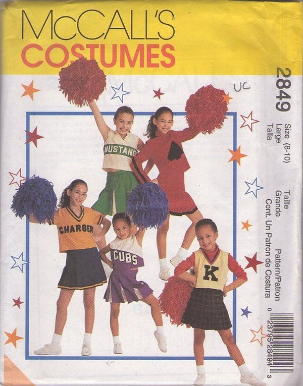 McCall's 2849 Retro 2000 Sewing Pattern Sports Costumes, Girl's Cheerleader Costumes, Team Mascot Top, Skirt Size Large 8-10