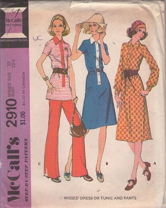 McCall's 2910 Vintage 70's Sewing Pattern Mod Separates, Long Front Buttoned Band Mod Over the Hips Polo Top, Tunic, Dress & Pants Size 10 UNCUT