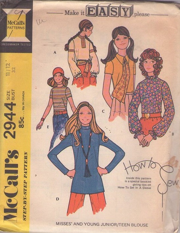 McCall's 2944 Vintage 70's Sewing Pattern Easy Hippie Shirt, Mod, Boho Blouse Set, 5 Styles Size 11/2