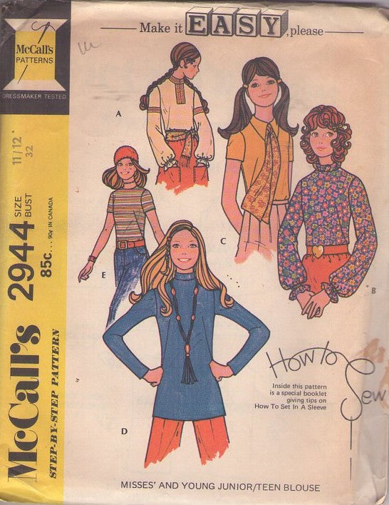 McCall's 2944 Vintage 70's Sewing Pattern Easy Hippie Shirt, Mod, Boho Blouse Set, 5 Styles Size 11/2