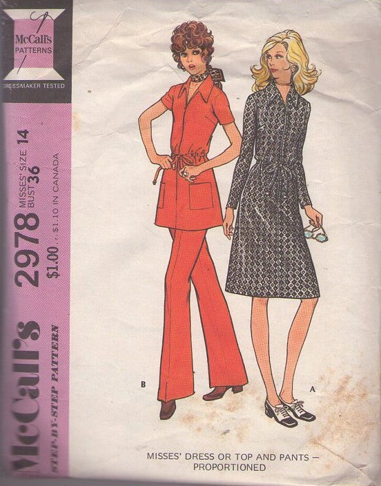 McCall's 2978 Vintage 70's Sewing Pattern Office Separates, Secretary Tunic Top, Zip Front Dress, Pants, Pantsuit Size 14