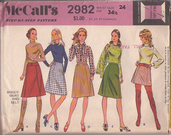 McCall's 2982 Vintage 70's Sewing Pattern Mod Skirts, Panel Mini Skirt, Secretary Hip Yoked Skirt Set Waist 24 Size S