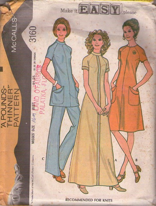 McCall's 3160 Vintage 70's Sewing Pattern Mod Pantsuit, Raglan Sleeve Tunic Top, Dress, Pants, Maxi Gown, House Dress EASY Size 16