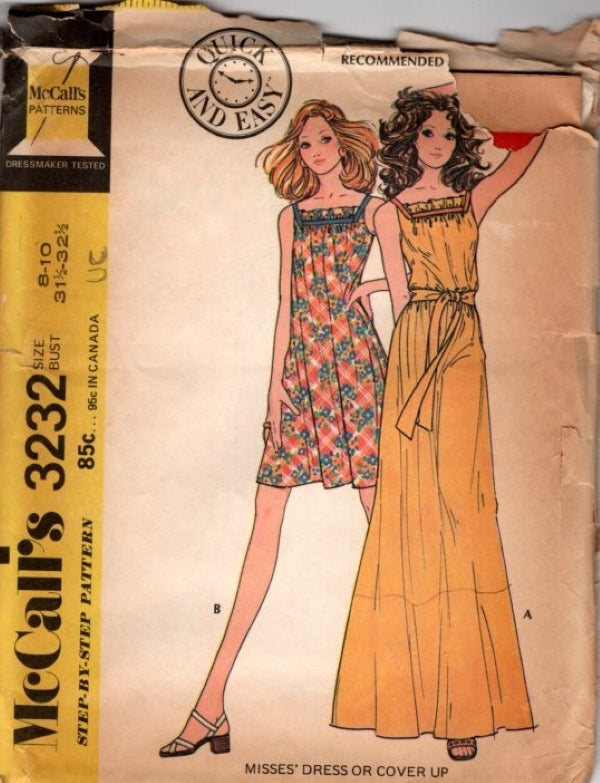 McCall's 3232 Vintage 70's Sewing Pattern Quick & Easy Dreamy Shift Dress, Pullover Hippie Summer Maxi Gown Size 8-10