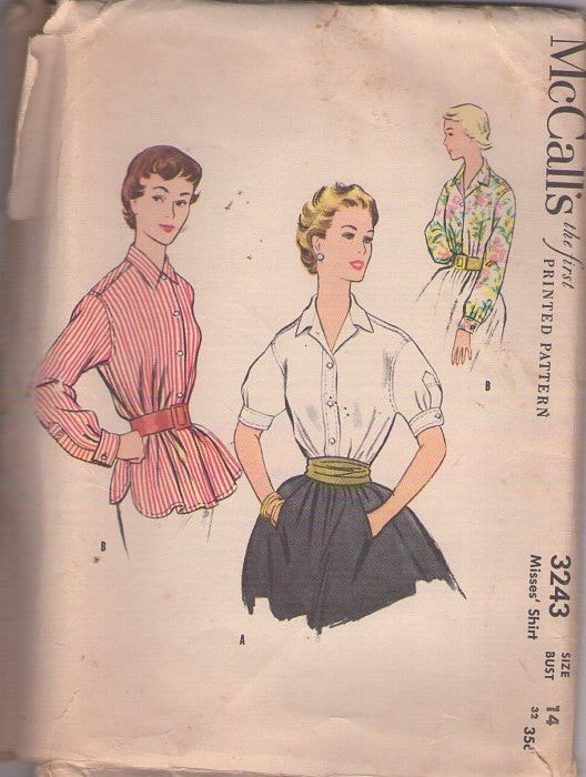 McCall's 3243 Vintage 50's Sewing Pattern Lucy Blouses, Everyday Front Buttoned Collared Blouse Set, Sleeve Trim Size 14