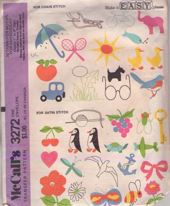 McCall's 3272 Vintage 70's Sewing Pattern Embroidery Patterns, Easy Chain or Satin Stitch, Cartoon Bird, Bug, Turtle, MORE Motifs