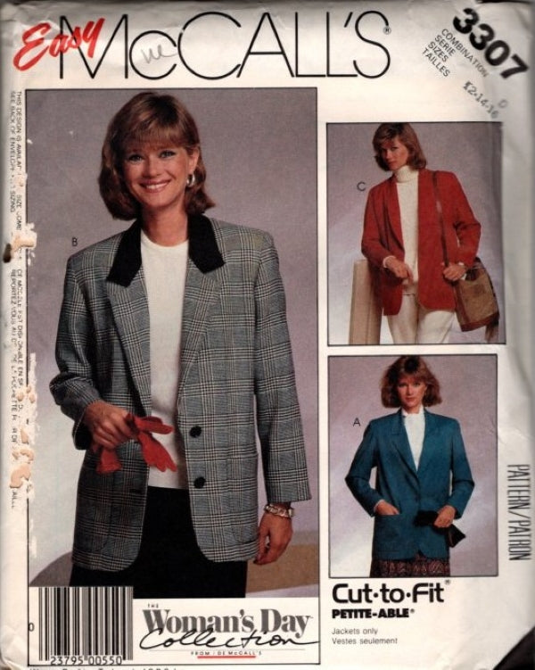 McCall's 3307 Vintage 80's Sewing Pattern Easy Blazer Jacket Set, Woman's Day Collection, Suit Styles Size 12-16
