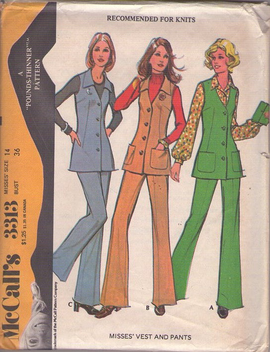 McCall's 3313 Vintage 70's Sewing Pattern Retro Pantsuit, Knits Collared Vest Jacket Top, Pants, Slacks, Pantsuit Size 14 CUT