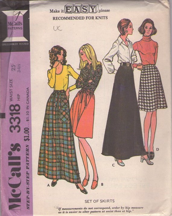 McCall's 3318 Vintage 70's Sewing Pattern Easy Knits Skirt, Office Secretary, Hostess Maxi, 4 Styles Waist 25 S