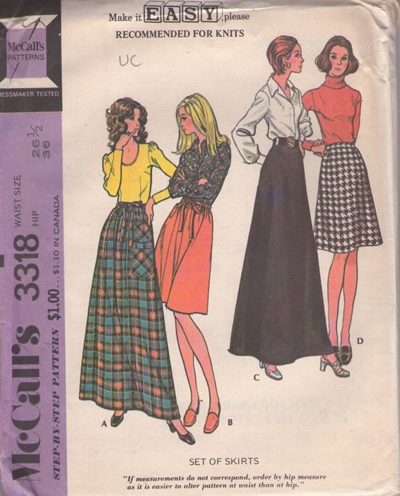 McCall's 3318 Vintage 70's Sewing Pattern Easy Knits Skirt, Office Secretary, Hostess Maxi, 4 Styles Waist 26.5 M