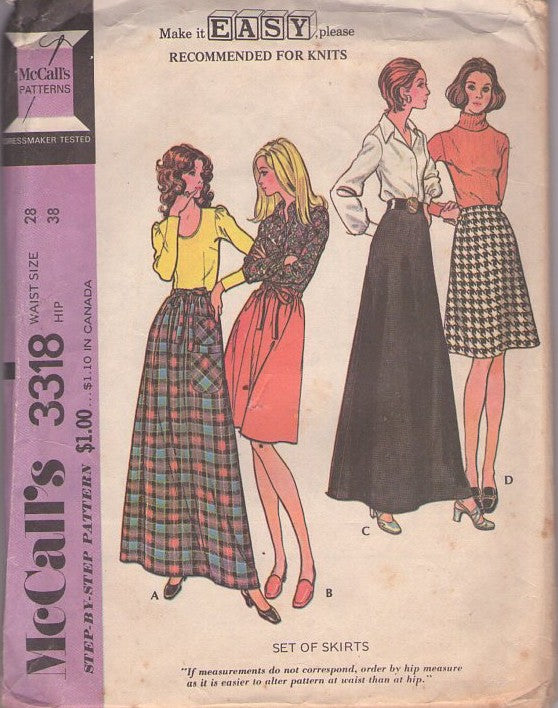 McCall's 3318 Vintage 70's Sewing Pattern Easy Knits Skirt, Office Secretary, Hostess Maxi, 4 Styles Waist 28 L