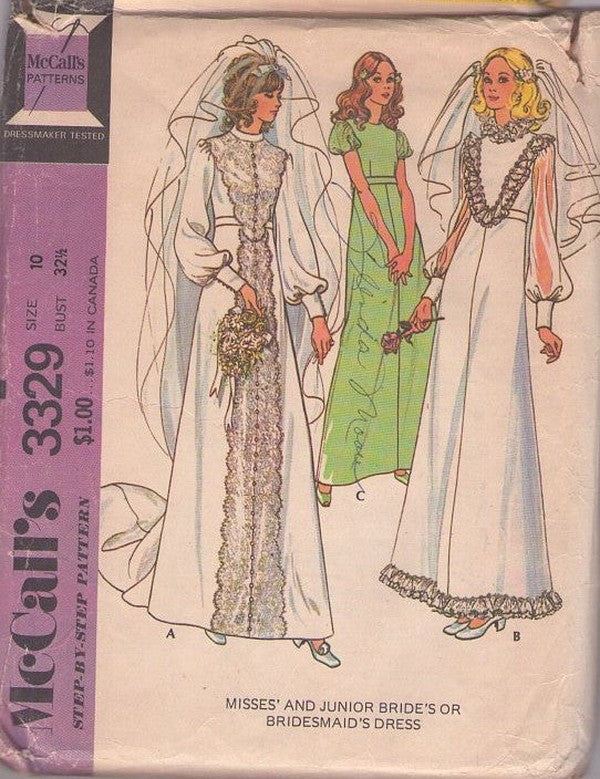 McCall's 3329 Vintage 70's Sewing Pattern Mod Wedding Dress, Loads of Lace, Lacy Trim, High Waisted Wedding Gown, Balloon Sleeves Size 10