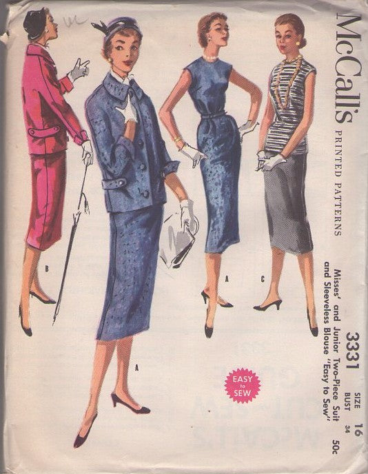 McCall's 3331 Vintage 50's Sewing Pattern New Look Suit, Retro Lucy Afternoon Walking Suit, Secretary Longline Blouse, Pencil Skirt, Suit Jacket Size 16