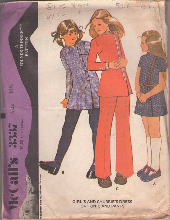 McCall's 3337 Vintage 70's Sewing Pattern Teen Girls' Mod Pantsuit, School Mini Dress, Brady Bunch Top & Pants Size 10.5