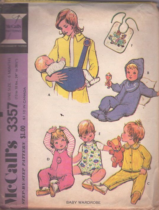 McCall's 3357 Vintage 70's Sewing Pattern Baby Wardrobe, Infant Sling Carrier, Bunting, Snowsuit Jumpsuit, Romper, Coveralls, Top & Pants, Bib Size 6 Months