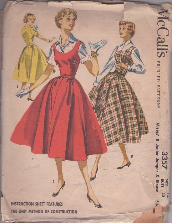 McCall's 3357 Vintage 50's Sewing Pattern Rockabilly Jumper, Blouse Set, Scoop Neck, Circular Skirt Dress, 2 Styles Size 14