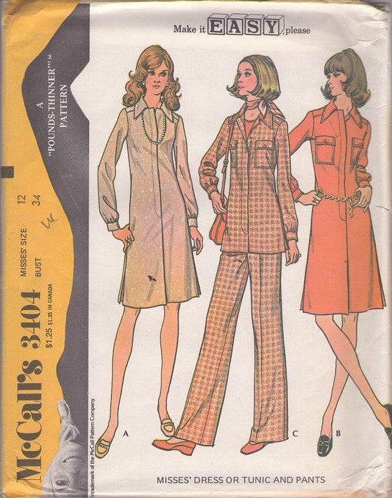 McCall's 3404 Vintage 70's Sewing Pattern Secretary Separates, Make it Easy Please, Dress with Side Vents, Pockets, Collar, Concealed Front Zipper, Shirt Jacket Top & Pants Size 12