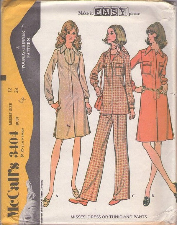 McCall's 3404 Vintage 70's Sewing Pattern Secretary Separates, Make it Easy Please, Dress with Side Vents, Pockets, Collar, Concealed Front Zipper, Shirt Jacket Top & Pants Size 12