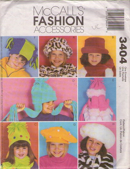 McCall's 3404 Retro 2001 Sewing Pattern Hats, Scarf Set, Childrens' Fleece Cap, Ski, Skater, Fashion Accessories, Mittens, Beret, MORE One Size