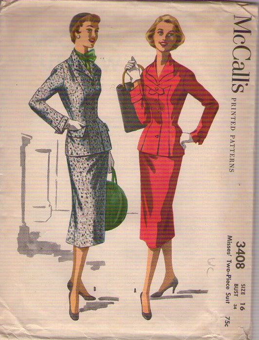 McCall's 3408 Vintage 50's Sewing Pattern Suit Dress, Mad Men, Cross Tab, Wing Collar Fitted Jacket Top, Pencil Skirt Size 16