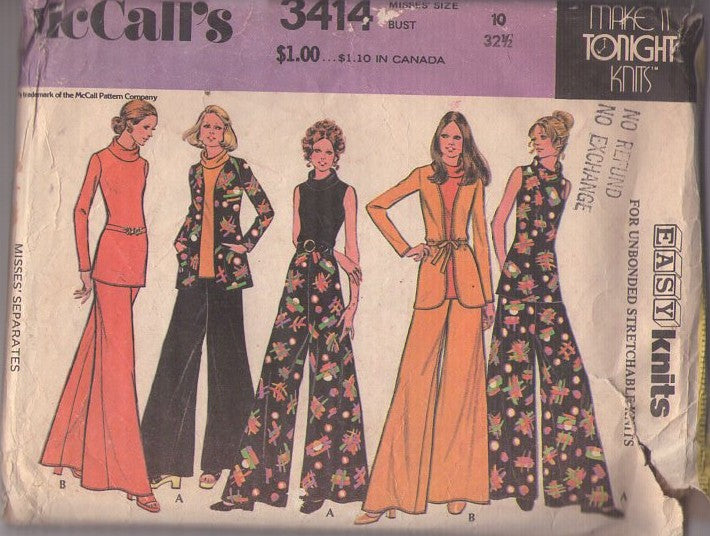 McCall's 3414 Vintage 70's Sewing Pattern Knit Separates, Make It Tonight Knits Cowl Neck Top, Shirt, Palazzo Leg Pants, Jacket Cover Up EASY Size 10