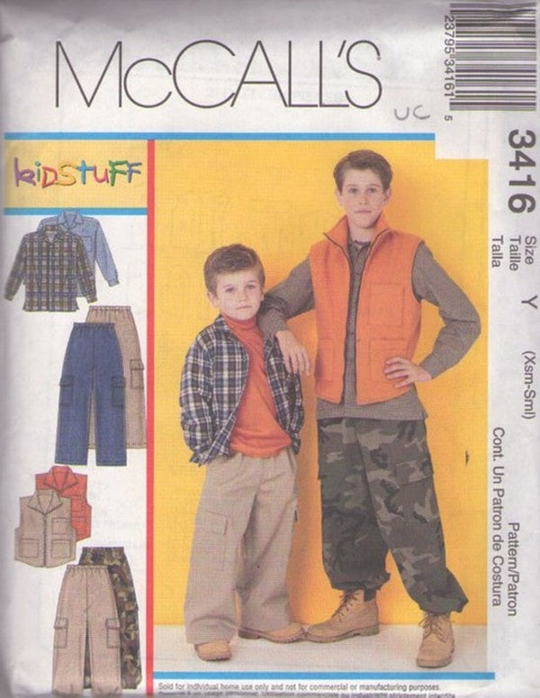 McCall's 3416 Retro 2001 Sewing Pattern Boys' Separates, Kidstuff Quilted Hunting Sleeveless Vest Jacket, Flannel Shirt, Cargo Pants Size XS-S