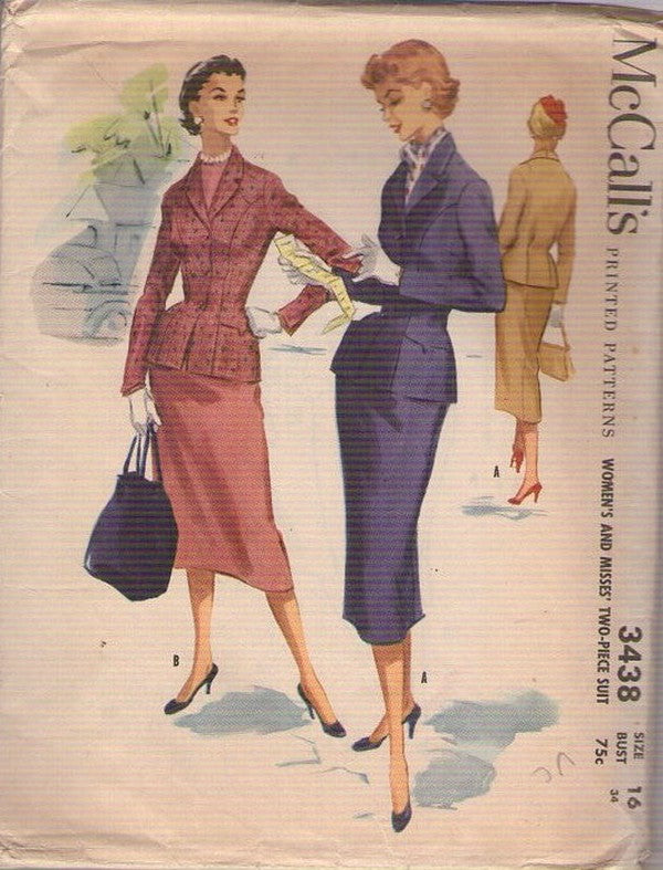 McCall's 3438 Vintage 50's Sewing Pattern Suit Dress, Wasp Waist, Princess Seams Collared Jacket Top, Slim Pencil Skirt Size 16