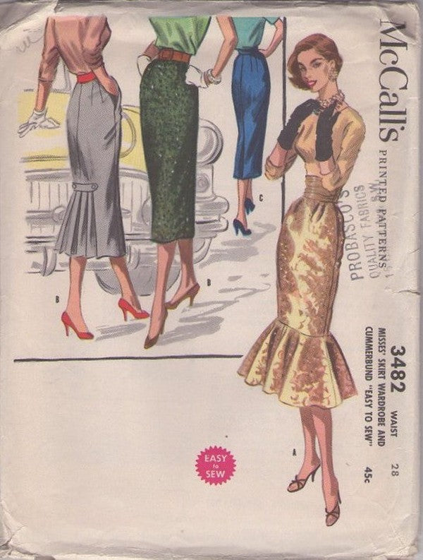 McCall's 3482 Vintage 50's Sewing Pattern Rockabilly Skirt, Circle Flounced Mermaid Cocktail Party Skirt, Rear Pleats, Straight or WOW! Waist 28