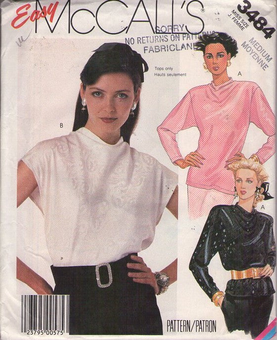 McCall's 2484 Vintage 80's Sewing Pattern Secretary Blouse Set, Easy Draped Cowl Blouse, Office Top Set 3 Styles Size M