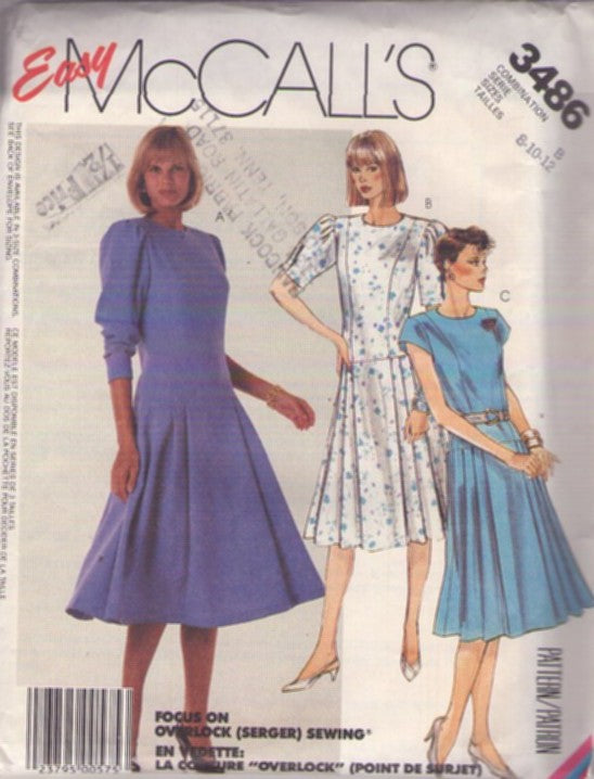 McCall's 3486 Vintage 80's Sewing Pattern Secretary Dress, Easy Drop Waist, Flared Pleated Skirt, 3 Styles Size 8-12