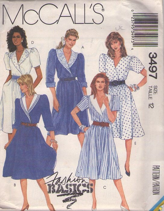 McCall's 3497 Vintage 80's Sewing Pattern Secretary Dress, Fashionable Basics, Fancy Faux Wrap Surplice Top, 5 Styles Size 12