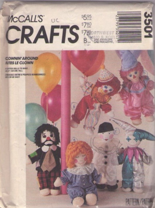 McCall's 3501 Vintage 80's Sewing Pattern Clownin' Around Stuffed Circus, Pierrot, Mime Clown Dolls 23" Tall