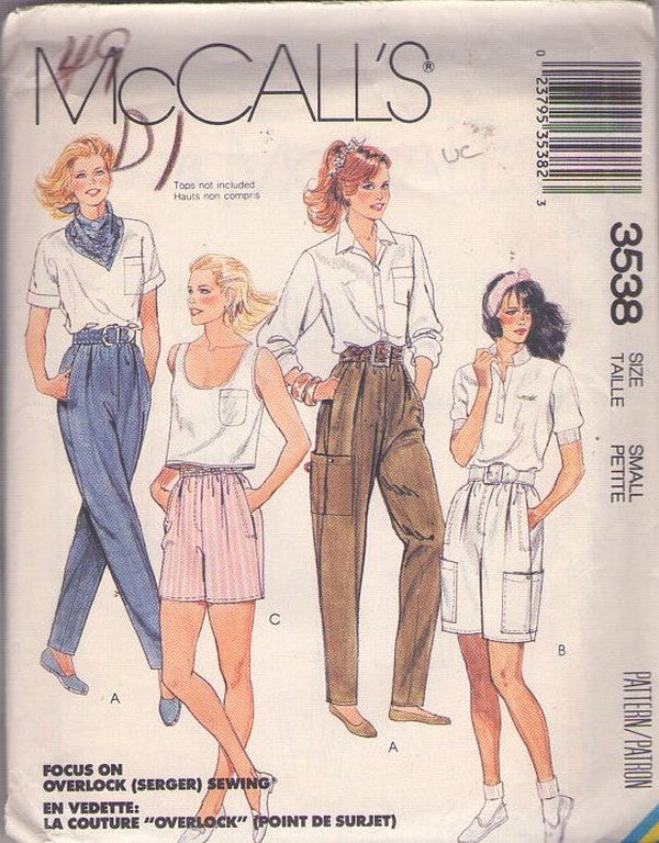 McCall's 3538 Vintage 80's Sewing Pattern Pants Set, New Wave, Preppy High Waisted Shorts, Pants, Utility Flapped Pockets 3 Styles Size S